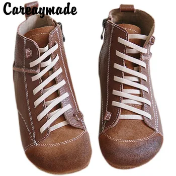Careaymade -Есенни удобни дамски ботуши с мека подметка в ретро стил, грозна скъпа обувки, фини обувки са ръчна изработка от естествена кожа върху плоска подметка