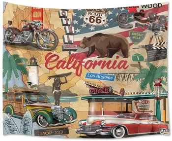 Ретро Автомобил В Калифорния Плакат Гоблен Route 66 Холивудски Стенен Гоблен
