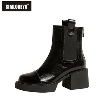 SIMLOVEYO/модни ботильоны от естествена кожа, с кръгли пръсти, в средния блок токчета, без шнур, на платформа с намаляване на размера 33-41, кафяви зимни обувки в стил ретро, S2630