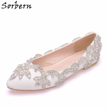 Sorbern/ Удобни сватбени обувки На равна подметка Свързани с Пръсти, Без Шнур, с остри Пръсти, Бели Дантелени сватбени обувки с Аппликацией, дамски Обувки На Ток