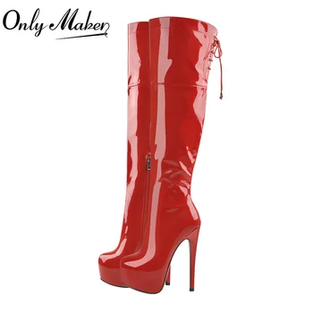 Onlymaker/ женски Пикантни червени Ботуши над коляното на платформата и цип на висок Тънък ток-висок ток 16 см, Стрейчевые дамски Ботуши Голям Размер