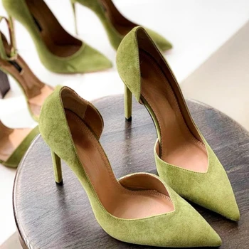 Есенни обувки с остър пръсти и ниски деколтета, Дамски Елегантни дамски обувки без закопчалка на среден ток, Велурени зелени Обувки на Висок ток