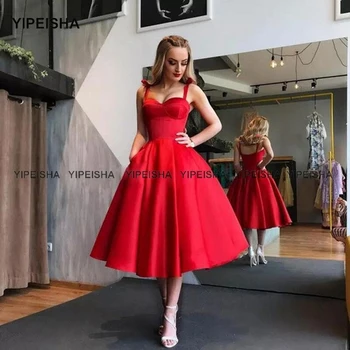 Yipeisha Реколта Червени Коктейлни рокли Чай дължина с джобове, Атласное Вечерна рокля трапецовидна форма, Кратко Vestido de Curto, Големи Размери