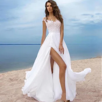 Charmingbridal плажни булчинска рокля с къси ръкави и висока цепка, сексуална шифоновое сватбена рокля с отворен гръб, бели дамски макси рокли 2022