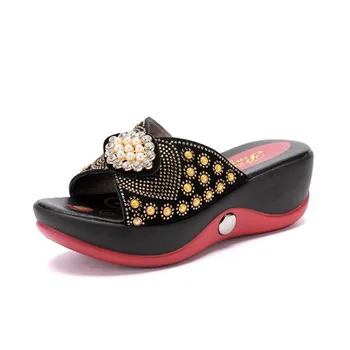 Чехли, Дамски летни обувки от естествена кожа със кристали, Модни сандали на танкетке и обувки, дамски чехли, Големи размери 35-42