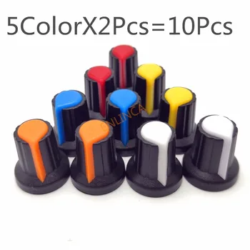 5 Цвята X 2 ЕЛЕМЕНТА 10 бр Диаметър на отвора на вала 6 мм Пластмасови Резба Накатанные Дръжки Потенциометъра Шапки Отвор на вала AG2 Жълт Оранжев Син