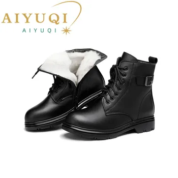 AIYUQI/дамски обувки Marton; Новост 2023 г.; зимни дамски ботильоны от естествена кожа, топли дамски къси ботуши от естествена вълна голям размер