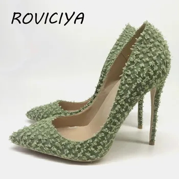 Зелени обувки на висок ток 12 см, изключителна марка, модерен, с остри пръсти, чубрица, плитки, женски, за сватбени партита, вечерни обувки BM013 ROVICIYA