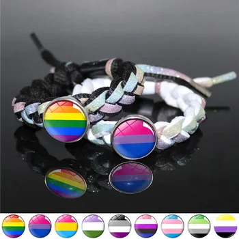 ЛГБТ Ръчно изработени Сплетен Въженият Гривна на Едро Гей-Гордост Дъгата Флаг Снимка Стъклени Гривни с Бутони за Жени, Мъже Влюбени Подарък