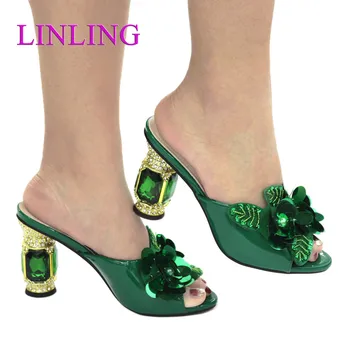 Най-новите Обувки-лодка Зелен Цвят В Африканския Стил, Летните Обувки На Висок Ток, Италиански Женски Сватбени Обувки С Кристали, Елегантни Дамски Летни Обувки-чехли