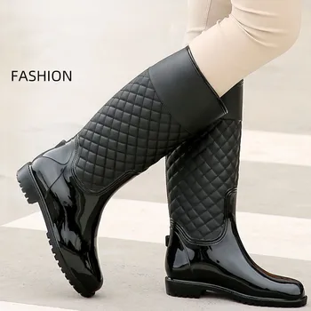 Нови дамски Непромокаеми ботуши; Модерни водоустойчиви дамски Плюшени Топли италиански гумени Ботуши до коляното от PVC; Нескользящая Модни Ежедневни Обувки