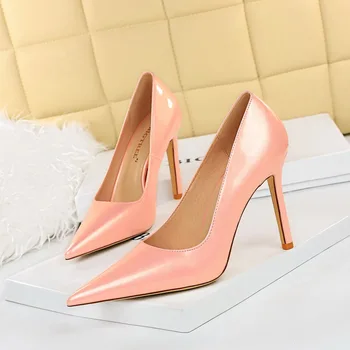 BIGTREE/Модни дамски Лъскави обувки-лодка на висок ток-молив с остри пръсти, Розови обувки за стриптийз, Чубрица Лъскави сватбени обувки, Големи Размери 43