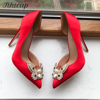 Tikicup/ Блестящи женски сватбени обувки на висок ток от червена коприна и сатен с лък и лък, шикозни обувки-лодка на висок ток, без закопчалка с остри пръсти, Размер 33-45, 8 см, 10 см, 12 см
