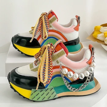 Нова декоративна дамски вулканизированная обувки дантела с переливающейся перлената на веригата, Женски Маратонки на платформа, Zapatos De Mujer, Дамски обувки