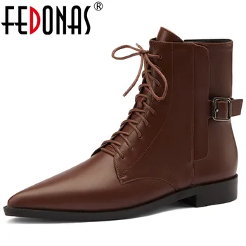 FEDONAS/2022, есенно-зимни дамски ботильоны, офис дамски Ежедневни обувки на нисък ток с остър пръсти и кръстосана шнур, дамски обувки от естествена кожа