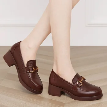Дамски обувки от естествена кожа, Мека, 2023, пролет-есен, нови обувки за майки с дълбоко деколте, модел обувки от телешка кожа средна дебелина на висок ток