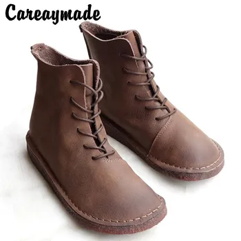 Careaymade - Обувки за почивка в ретро стил от естествена телешка кожа в стила на литературното изкуство, висококачествени ботуши на равна подметка с кръгло бомбе и дантела