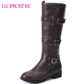 Lloprost ke/ 2018 г., големи размери 33-50, ботуши до коляното, женски есенно-зимни обувки с кръгло бомбе на цип и се деформира, дамски черни ботуши в стил пънк, D543