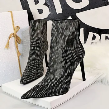 Нова окото дамски обувки Crystal глезена 2022 остър нос обувки с цип на висок ток, секси къси ботуши черен марка Zapatos de mujer