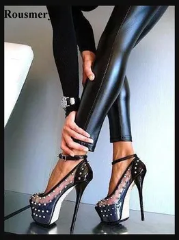 Жени-секси с отворени пръсти от прозрачен PVC дизайн на висока платформа помпи каишка на глезена Спайк нитове високи токчета вечерни обувки реална снимка