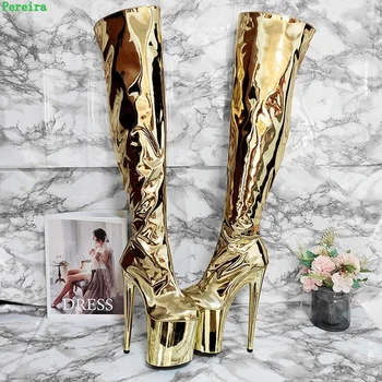 Златни ботуши за танци на един стълб, дамски обувки 2022 година на платформата, с Кръгло бомбе, с Цип, на Много Тънък Висок ток 34-46, Големи Размери, Пикантни Модерни обувки за партита