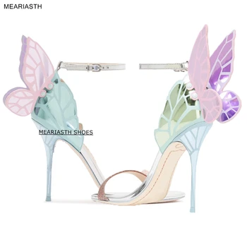 Дизайнерски Дамски обувки Луксозни 2022 Buty Damskie, Дамски Сандали на ток с пеперуда, кожени сватбени Сандали на Висок ток цвят металик