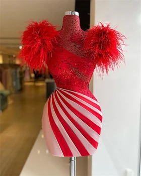2022 Червени Модни Коктейлни Рокли С Високо Воротом и Пера, Бродирани с Пайети Рокля За Бала, Луксозно Рокля За Срещи на Възпитаници, Robe De Soirée Femme