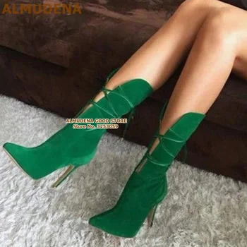 ALMUDENA/женски зелени велурени обувки с кръстосани шнур, модни подиумные обувки на висок ток с остър пръсти и изрези, модел обувки до средата на прасците, обувки на токчета